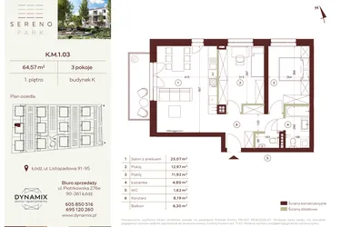 Rzut - Mieszkanie na sprzedaż 3 pokoje o powierzchni 64,57 m² - numer K.M.1.03 w Sereno Park