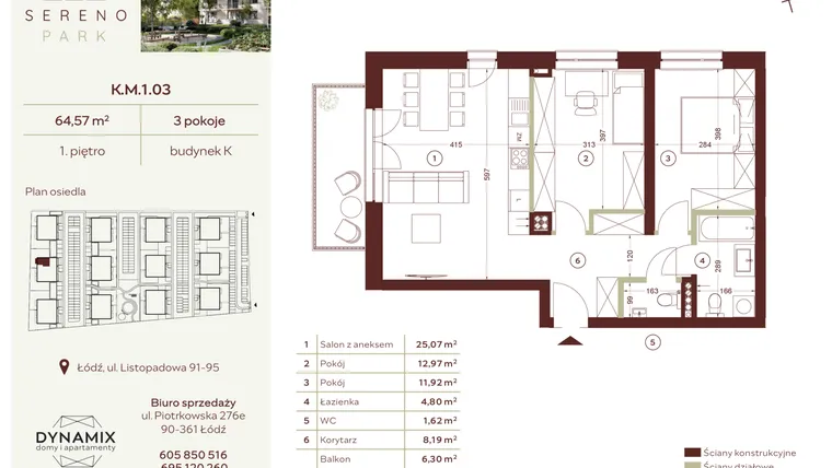 Rzut - Mieszkanie na sprzedaż 3 pokoje o powierzchni 64,57 m² - numer K.M.1.03 w Sereno Park