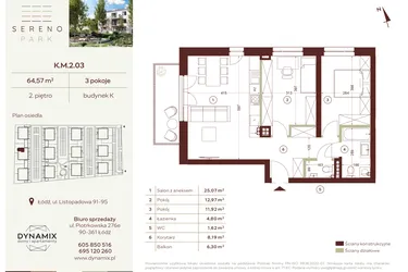 Rzut - Mieszkanie na sprzedaż 3 pokoje o powierzchni 64,57 m² - numer K.M.2.03 w Sereno Park