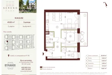 Rzut - Mieszkanie na sprzedaż 3 pokoje o powierzchni 49,83 m² - numer K.M.2.02 w Sereno Park