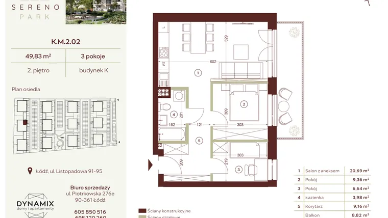 Rzut - Mieszkanie na sprzedaż 3 pokoje o powierzchni 49,83 m² - numer K.M.2.02 w Sereno Park
