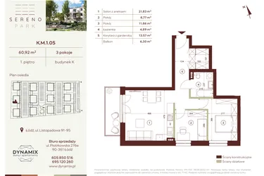 Rzut - Mieszkanie na sprzedaż 3 pokoje o powierzchni 60,92 m² - numer K.M.1.05 w Sereno Park