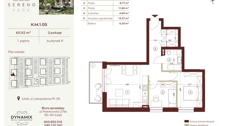 Rzut - Mieszkanie na sprzedaż 3 pokoje o powierzchni 60,92 m² - numer K.M.1.05 w Sereno Park