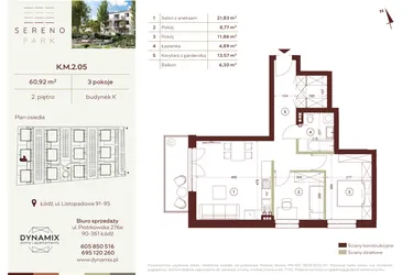 Rzut - Mieszkanie na sprzedaż 3 pokoje o powierzchni 60,92 m² - numer K.M.2.05 w Sereno Park