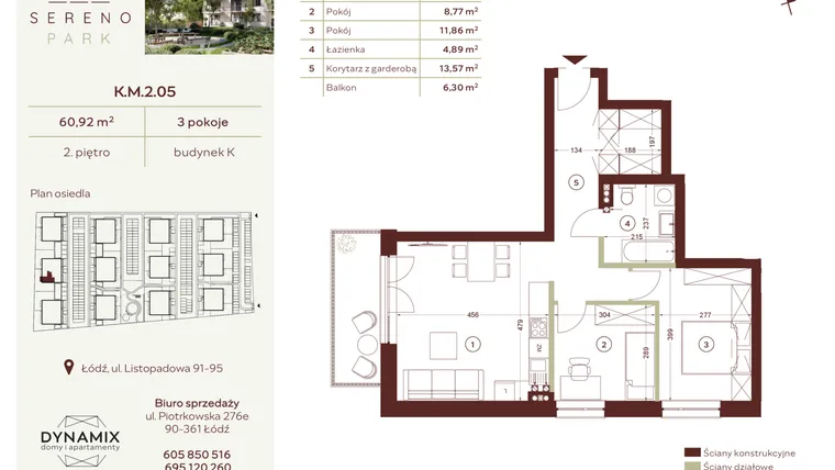 Rzut - Mieszkanie na sprzedaż 3 pokoje o powierzchni 60,92 m² - numer K.M.2.05 w Sereno Park