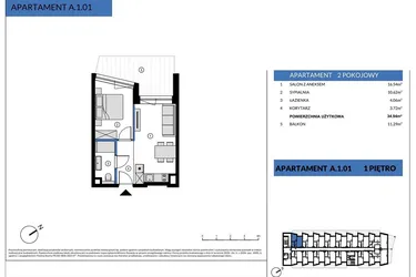 Rzut - Mieszkanie na sprzedaż 2 pokoje o powierzchni 34,94 m² - numer A.1.01 w Wind Yacht