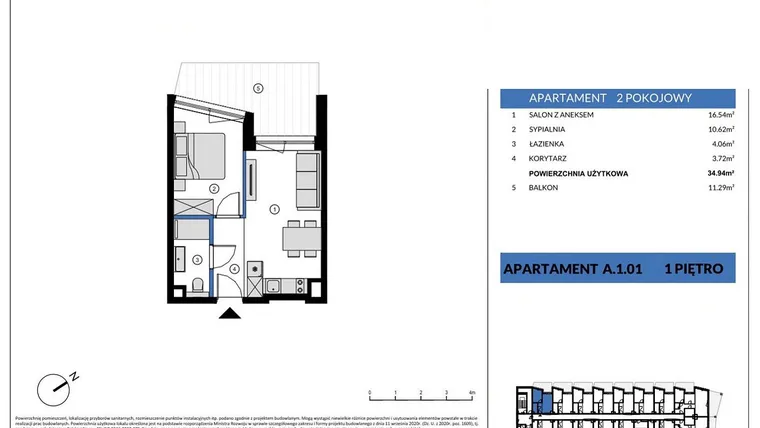 Rzut - Mieszkanie na sprzedaż 2 pokoje o powierzchni 34,94 m² - numer A.1.01 w Wind Yacht