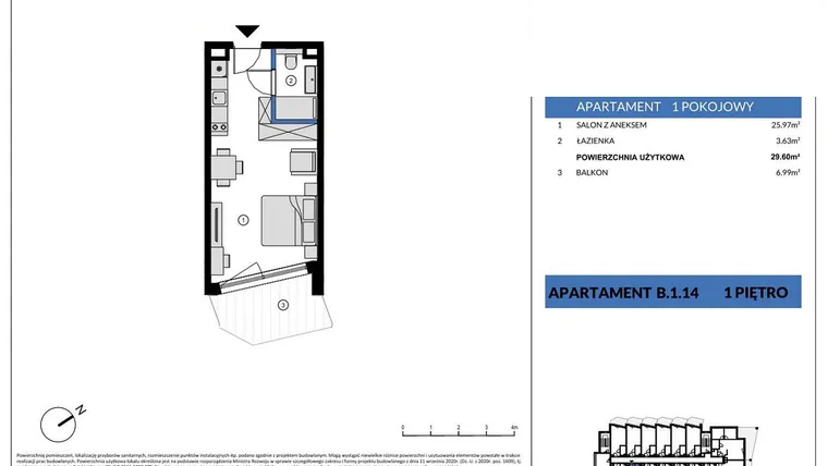 Rzut - Mieszkanie na sprzedaż 1 pokój o powierzchni 29,6 m² - numer B.1.14 w Wind Yacht