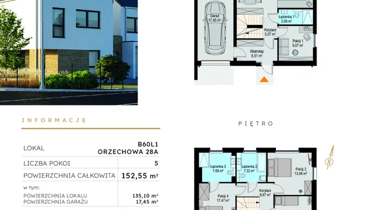 Rzut - Dom na sprzedaż 5 pokoi o powierzchni 152,55 m² - numer B60L1 w Szczodre etap VI