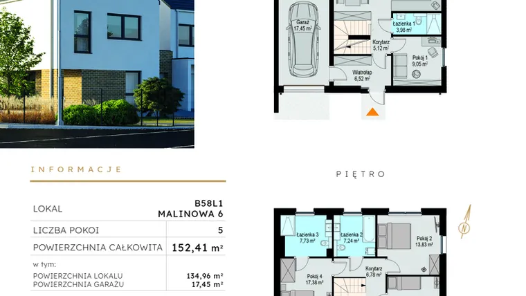 Rzut - Dom na sprzedaż 5 pokoi o powierzchni 152,41 m² - numer B58L1 w Szczodre etap VI