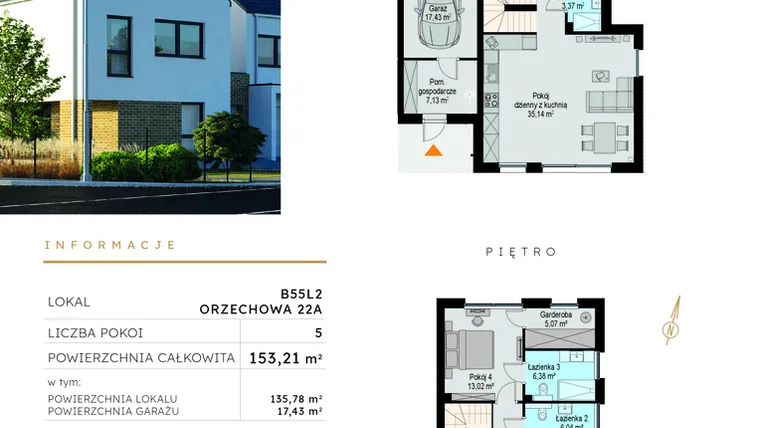 Rzut - Dom na sprzedaż 5 pokoi o powierzchni 153,21 m² - numer B55L2 w Szczodre etap VI
