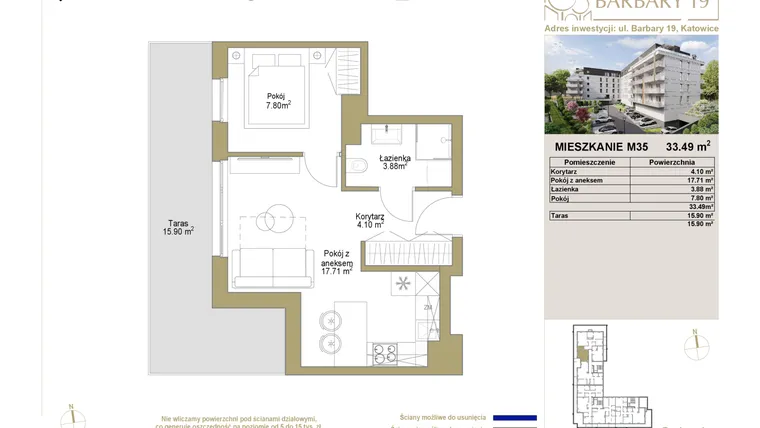 Rzut - Mieszkanie na sprzedaż 2 pokoje o powierzchni 33,49 m² - numer 35 w Barbary 19