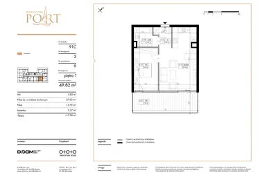 Rzut - Mieszkanie na sprzedaż 2 pokoje o powierzchni 49,82 m² - numer 9 w Warmiński Port etap III