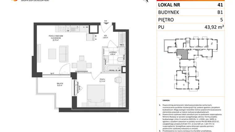 Rzut - Mieszkanie na sprzedaż 2 pokoje o powierzchni 43,92 m² - numer 41 w Locus 2