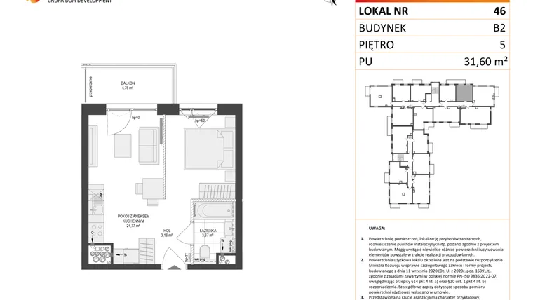 Rzut - Mieszkanie na sprzedaż 1 pokój o powierzchni 31,6 m² - numer 46 w Locus 2 bud. B2