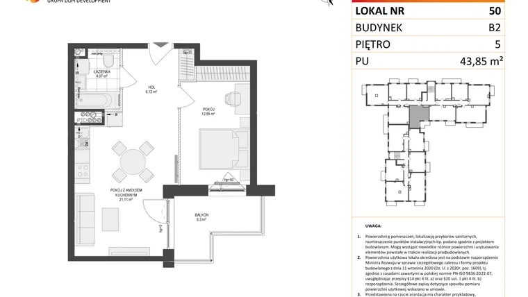 Rzut - Mieszkanie na sprzedaż 2 pokoje o powierzchni 43,85 m² - numer 50 w Locus 2 bud. B2