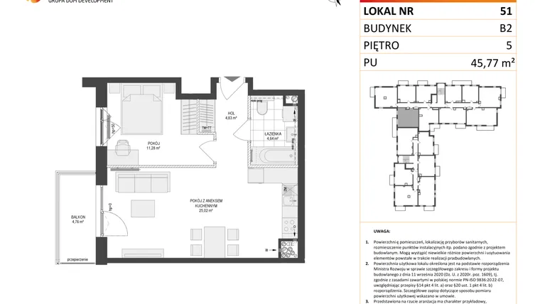Rzut - Mieszkanie na sprzedaż 2 pokoje o powierzchni 45,77 m² - numer 51 w Locus 2 bud. B2