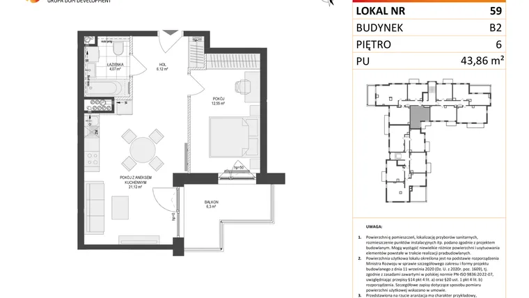 Rzut - Mieszkanie na sprzedaż 2 pokoje o powierzchni 43,86 m² - numer 59 w Locus 2 bud. B2