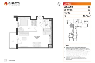 Rzut - Mieszkanie na sprzedaż 2 pokoje o powierzchni 45,75 m² - numer 60 w Locus 2 bud. B2