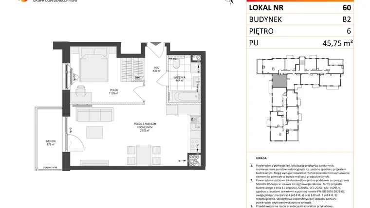 Rzut - Mieszkanie na sprzedaż 2 pokoje o powierzchni 45,75 m² - numer 60 w Locus 2 bud. B2