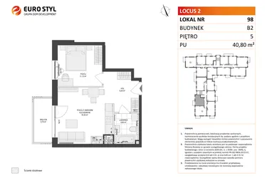 Rzut - Mieszkanie na sprzedaż 2 pokoje o powierzchni 40,8 m² - numer 98 w Locus 2 bud. B2