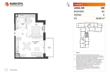 Rzut - Mieszkanie na sprzedaż 2 pokoje o powierzchni 38,88 m² - numer 100 w Locus 2 bud. B2