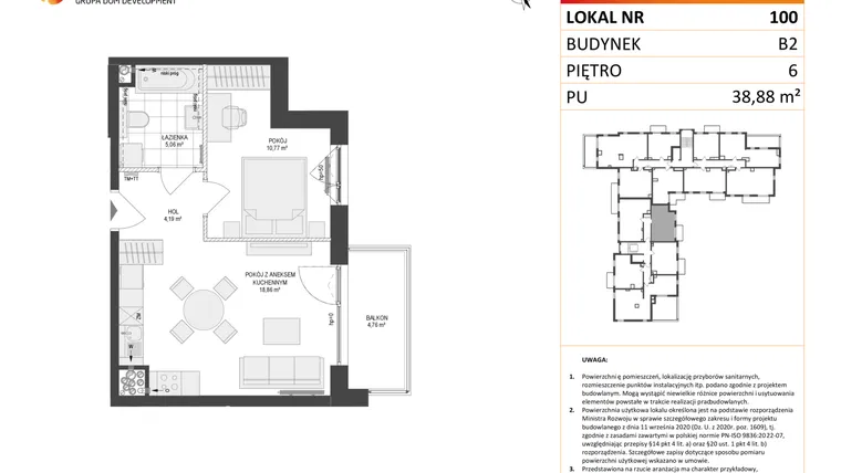 Rzut - Mieszkanie na sprzedaż 2 pokoje o powierzchni 38,88 m² - numer 100 w Locus 2 bud. B2