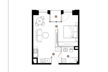 Rzut - Mieszkanie na sprzedaż 1 pokój o powierzchni 36,38 m² - numer E.01.02 w Apartamenty Reytana bud. E