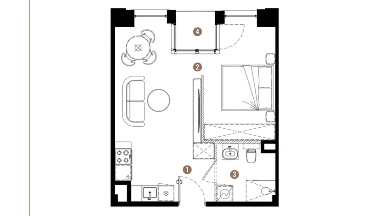 Rzut - Mieszkanie na sprzedaż 1 pokój o powierzchni 35,77 m² - numer E.01.04 w Apartamenty Reytana bud. E