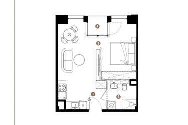 Rzut - Mieszkanie na sprzedaż 1 pokój o powierzchni 35,78 m² - numer E.01.03 w Apartamenty Reytana bud. E