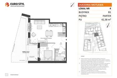 Rzut - Mieszkanie na sprzedaż 2 pokoje o powierzchni 42,35 m² - numer B1.4 w Zajezdnia Motława