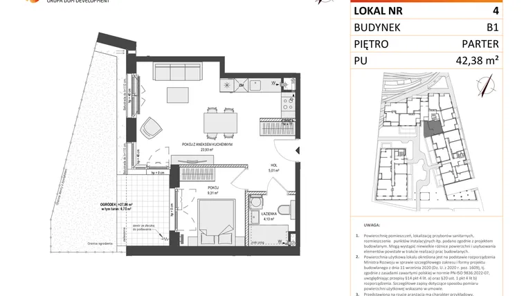 Rzut - Mieszkanie na sprzedaż 2 pokoje o powierzchni 42,35 m² - numer B1.4 w Zajezdnia Motława