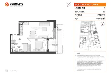 Rzut - Mieszkanie na sprzedaż 2 pokoje o powierzchni 40,63 m² - numer B1.3 w Zajezdnia Motława