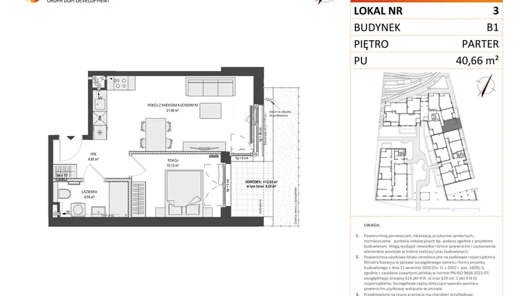 Rzut - Mieszkanie na sprzedaż 2 pokoje o powierzchni 40,63 m² - numer B1.3 w Zajezdnia Motława