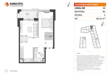 Rzut - Mieszkanie na sprzedaż 1 pokój o powierzchni 40,12 m² - numer B1.11 w Zajezdnia Motława
