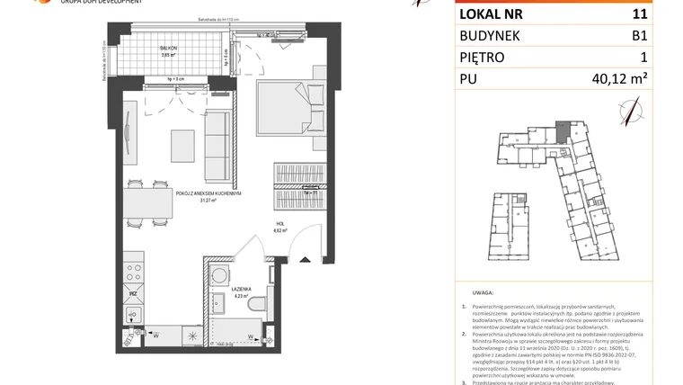 Rzut - Mieszkanie na sprzedaż 1 pokój o powierzchni 40,24 m² - numer B1.11 w Zajezdnia Motława