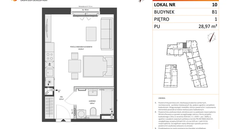 Rzut - Mieszkanie na sprzedaż 1 pokój o powierzchni 28,97 m² - numer B1.10 w Zajezdnia Motława