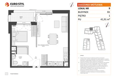 Rzut - Mieszkanie na sprzedaż 1 pokój o powierzchni 41,91 m² - numer B1.9 w Zajezdnia Motława