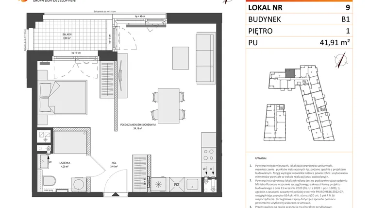 Rzut - Mieszkanie na sprzedaż 1 pokój o powierzchni 41,91 m² - numer B1.9 w Zajezdnia Motława