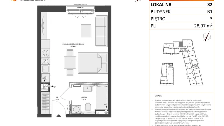 Rzut - Mieszkanie na sprzedaż 1 pokój o powierzchni 28,97 m² - numer B1.32 w Zajezdnia Motława