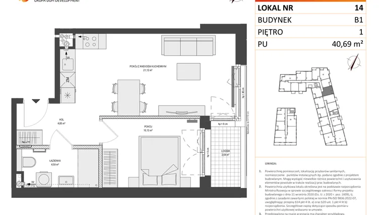 Rzut - Mieszkanie na sprzedaż 2 pokoje o powierzchni 40,63 m² - numer B1.14 w Zajezdnia Motława