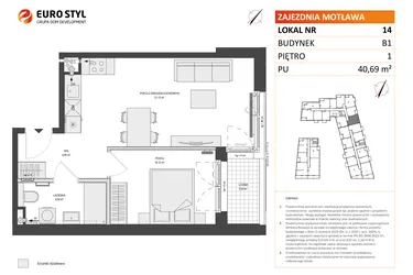 Rzut - Mieszkanie na sprzedaż 2 pokoje o powierzchni 40,63 m² - numer B1.14 w Zajezdnia Motława