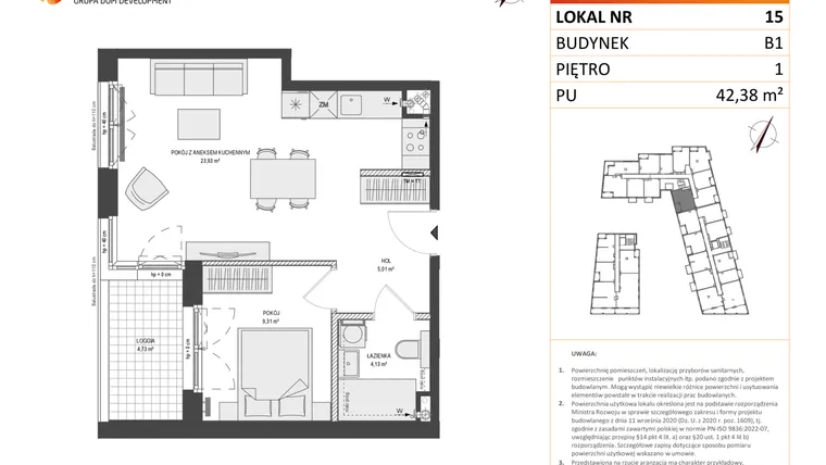 Rzut - Mieszkanie na sprzedaż 2 pokoje o powierzchni 42,35 m² - numer B1.15 w Zajezdnia Motława
