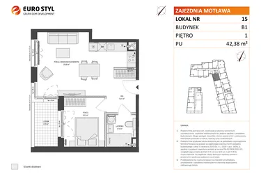 Rzut - Mieszkanie na sprzedaż 2 pokoje o powierzchni 42,35 m² - numer B1.15 w Zajezdnia Motława