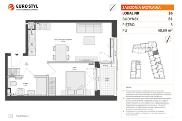 Rzut - Mieszkanie na sprzedaż 2 pokoje o powierzchni 40,6 m² - numer B1.36 w Zajezdnia Motława