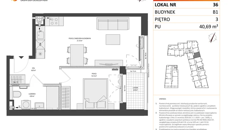 Rzut - Mieszkanie na sprzedaż 2 pokoje o powierzchni 40,6 m² - numer B1.36 w Zajezdnia Motława