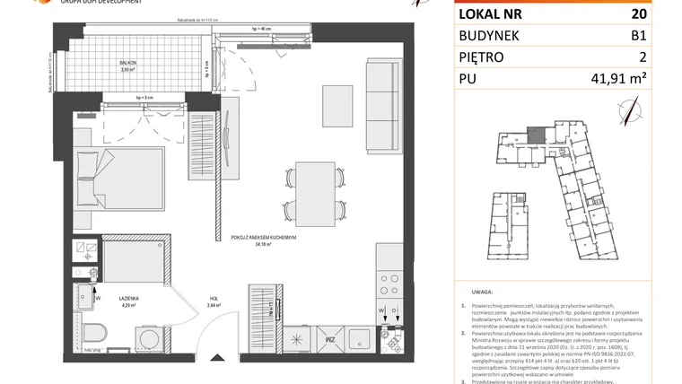 Rzut - Mieszkanie na sprzedaż 1 pokój o powierzchni 41,91 m² - numer B1.20 w Zajezdnia Motława