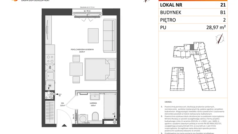 Rzut - Mieszkanie na sprzedaż 1 pokój o powierzchni 28,97 m² - numer B1.21 w Zajezdnia Motława