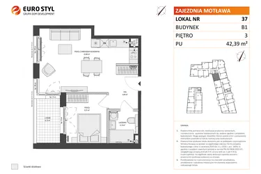 Rzut - Mieszkanie na sprzedaż 2 pokoje o powierzchni 42,39 m² - numer B1.37 w Zajezdnia Motława