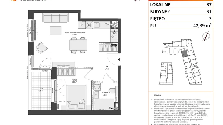 Rzut - Mieszkanie na sprzedaż 2 pokoje o powierzchni 42,39 m² - numer B1.37 w Zajezdnia Motława